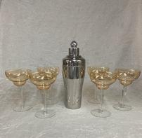 6 Gold/ Clear Martini Glasses with Martini Shaker 202//197